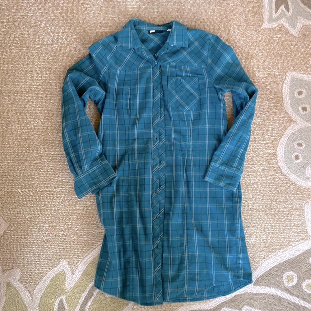 BDG size small plaid shirt dress full buttons, teal, white & brown